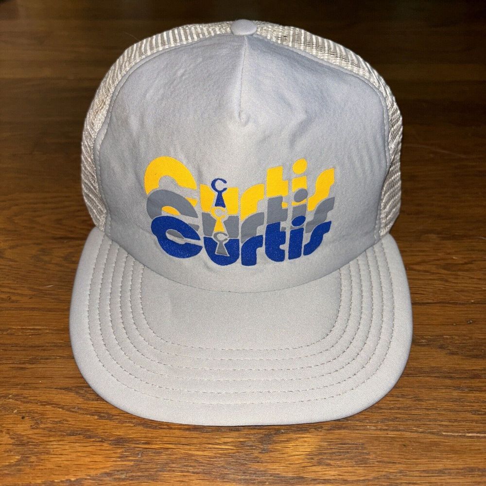 VTG 80s Curtis Mesh Snapback Trucker Hat Light Gray Blue Yellow Retro USA Made